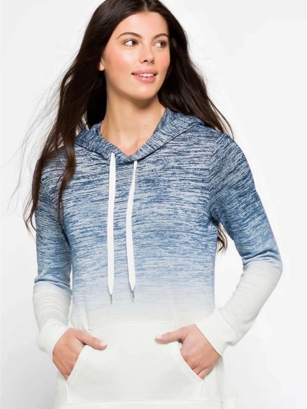 Market & Spruce Perline Pocket Hooded Knit Top Blue & White Small